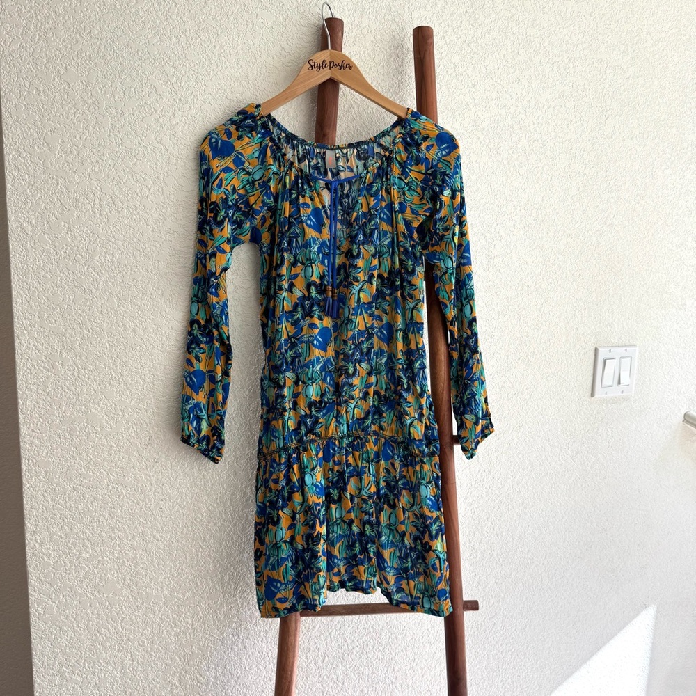 Maaji Floral Drop Waist Tie Front Tunic Dress Beach Coverup Blue Orange Sz Small
